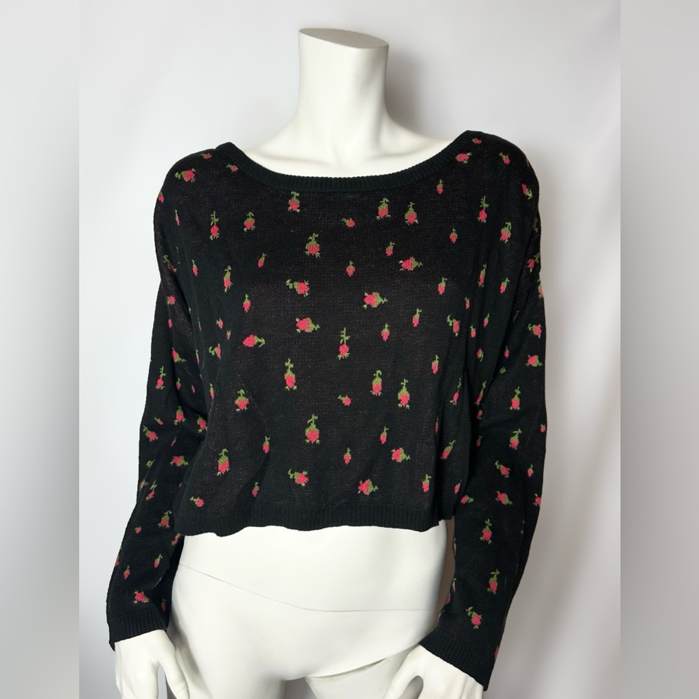 Betsey Johnson Black Sweater with Rose Bud Floral Pattern